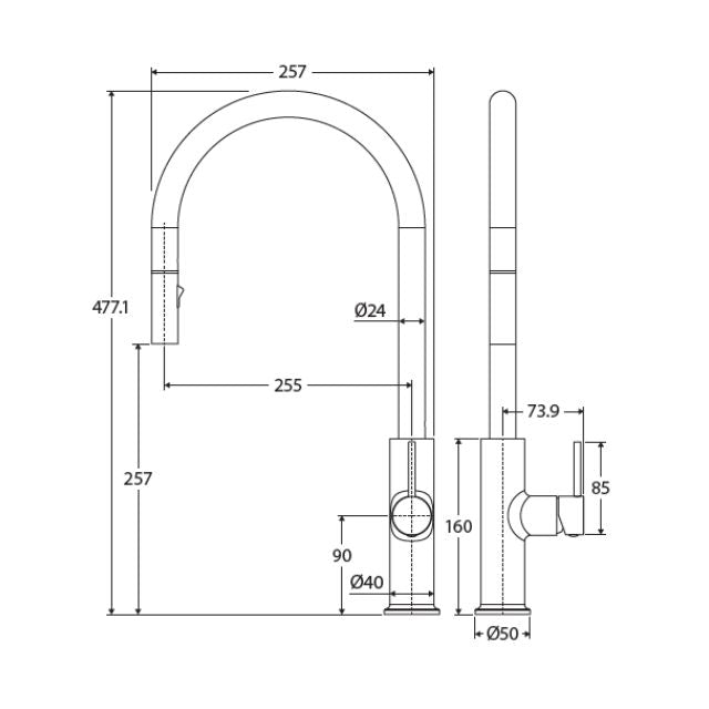 Fienza Kaya pull out sink mixer technical drawing in brushed nickel, showing side and front views with dimensions.