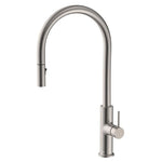 Fienza Kaya pull out sink mixer in brushed nickel, shown front on with gooseneck spout and round lever handle