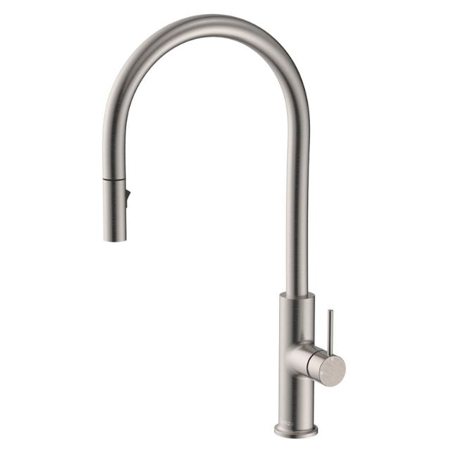 Fienza Kaya pull out sink mixer in brushed nickel, shown front on with gooseneck spout and round lever handle