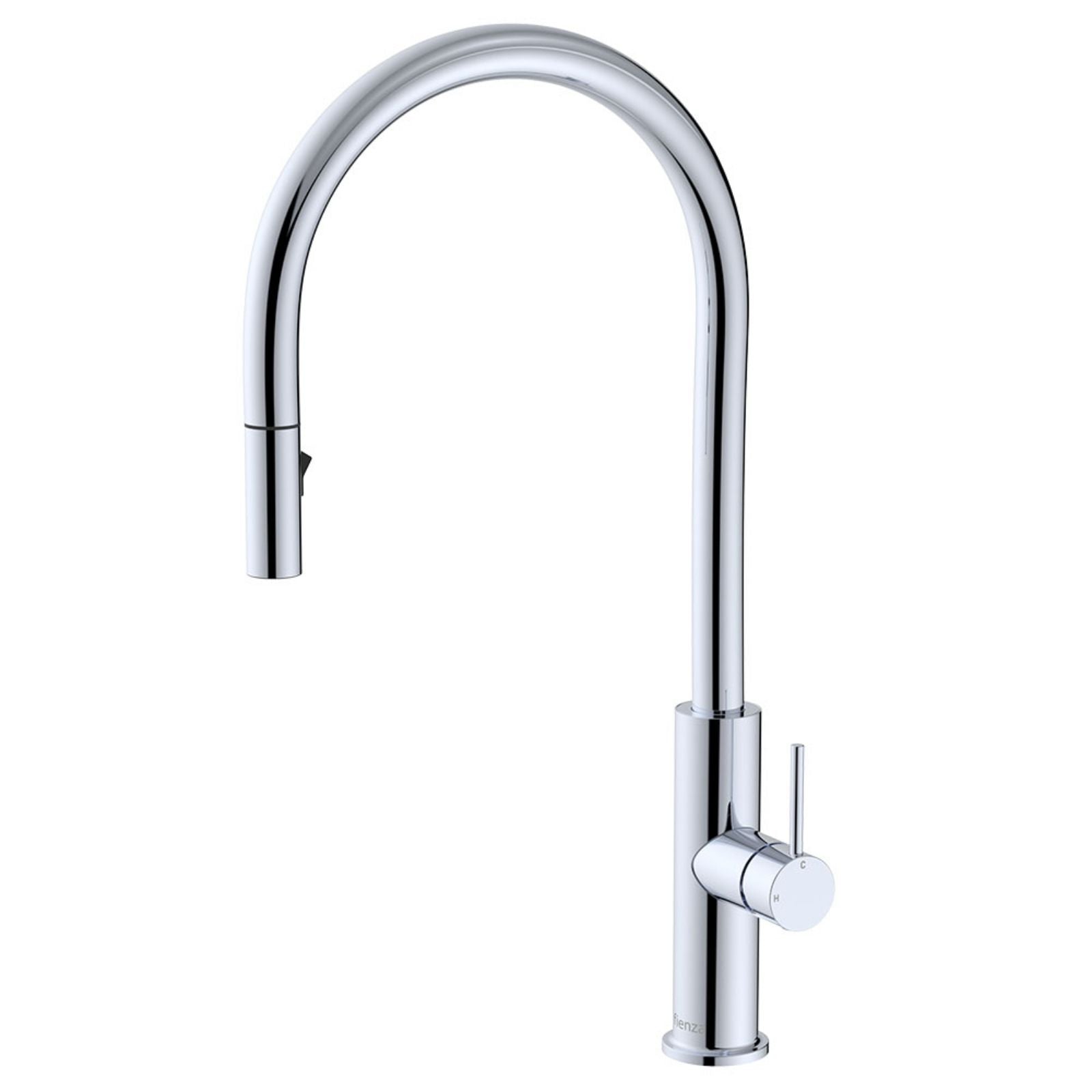 Fienza Kaya chrome pull out sink mixer with tall gooseneck swivel spout and lever handle on white background