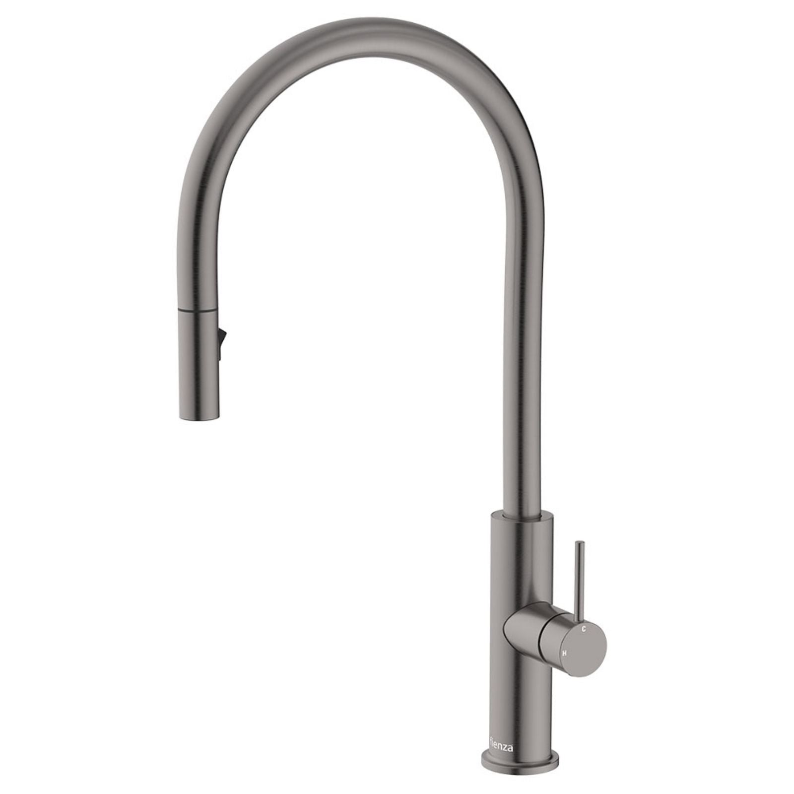 Fienza Kaya pull out sink mixer in gun metal, with tall curved gooseneck spout and round lever handle on white background