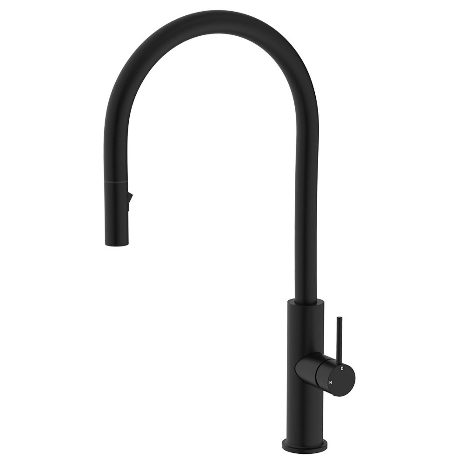 Fienza Kaya pull out sink mixer in matte black, with tall gooseneck swivel spout and lever handle on white background