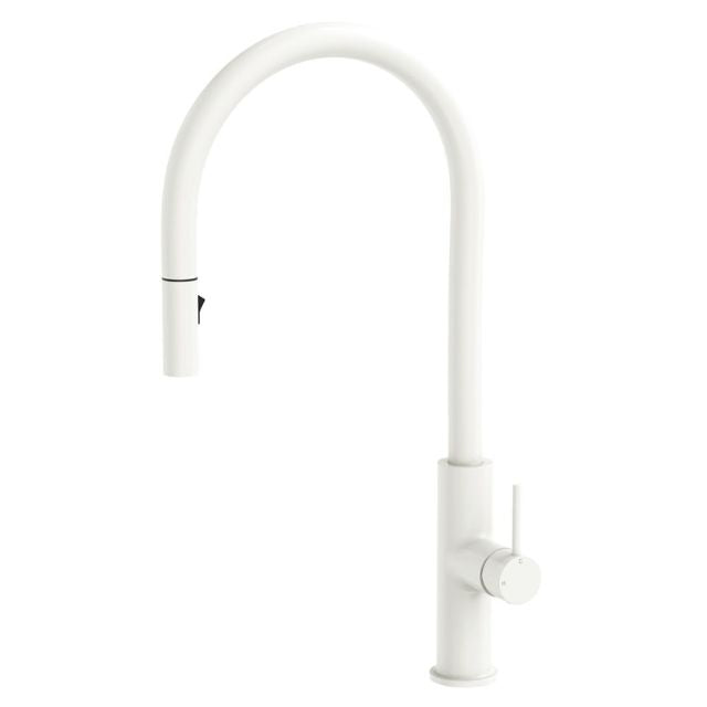 Fienza Kaya matte white pull out sink mixer with gooseneck swivel spout and round lever handle