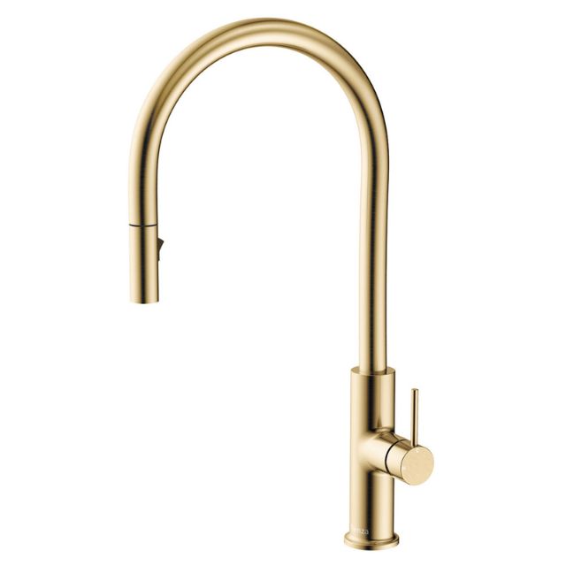 Fienza Kaya pull out sink mixer in Urban Brass with gooseneck swivel spout and round lever handle, isolated on white