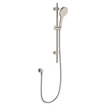 Fienza Kaya rail shower in brushed nickel, with hand shower, rail and hose on white background
