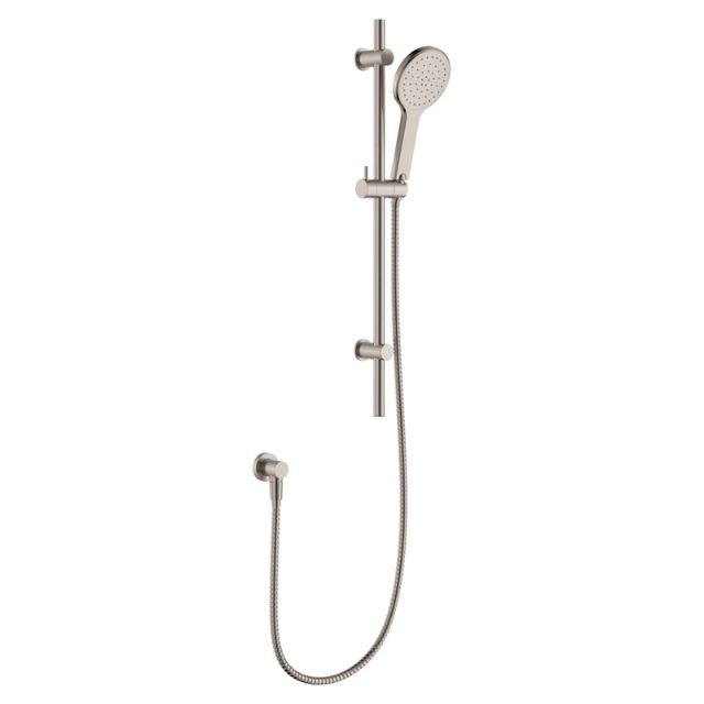 Fienza Kaya rail shower in brushed nickel, with hand shower, rail and hose on white background