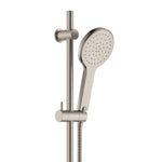 Fienza Kaya rail shower in brushed nickel with adjustable hand shower and rail on white background