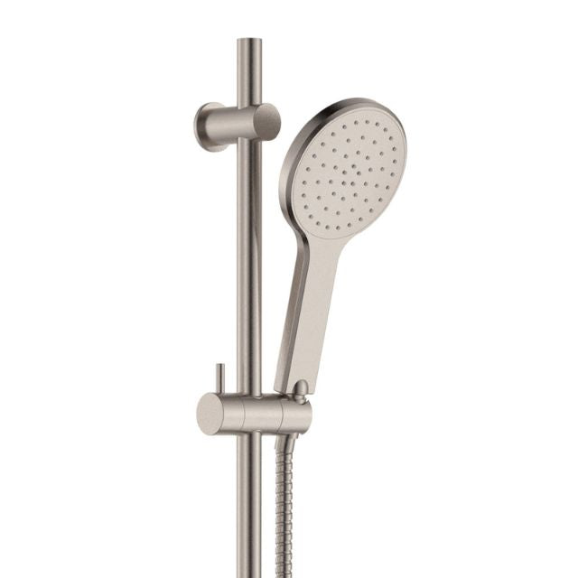 Fienza Kaya rail shower in brushed nickel with adjustable hand shower and rail on white background