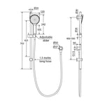 Technical drawing of Fienza Kaya rail shower in brushed nickel, showing adjustable slider, 1.5m hose and dimensions