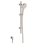 Fienza Kaya rail shower in brushed nickel, with round hand shower and adjustable slider on vertical rail