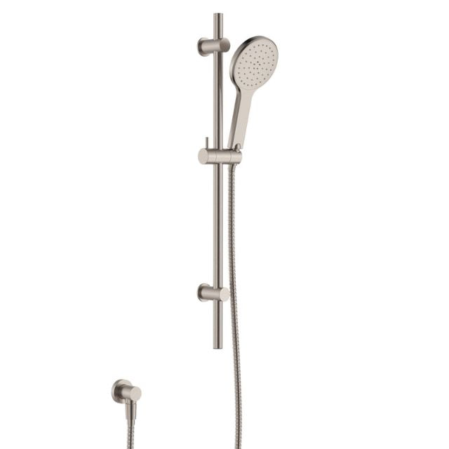 Fienza Kaya rail shower in brushed nickel, with round hand shower and adjustable slider on vertical rail