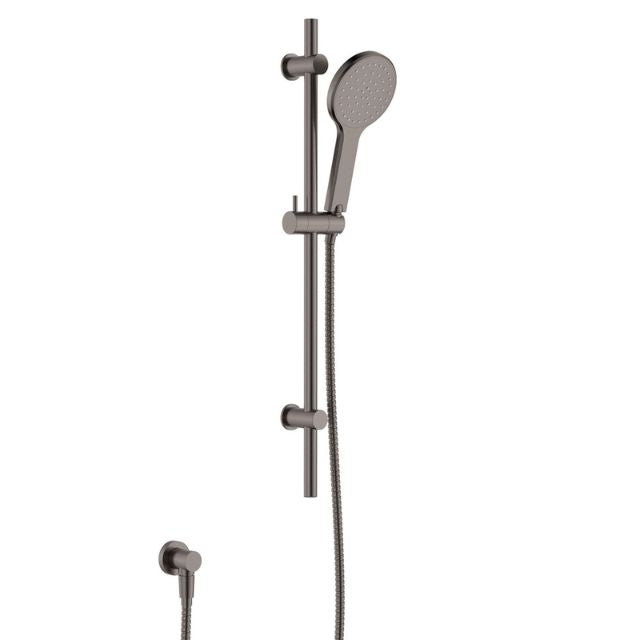 Fienza Kaya rail shower in gun metal with round hand shower and adjustable rail, front view on white background