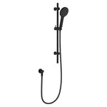 Fienza Kaya matte black rail shower with hand shower, hose and slider on wall rail, front view