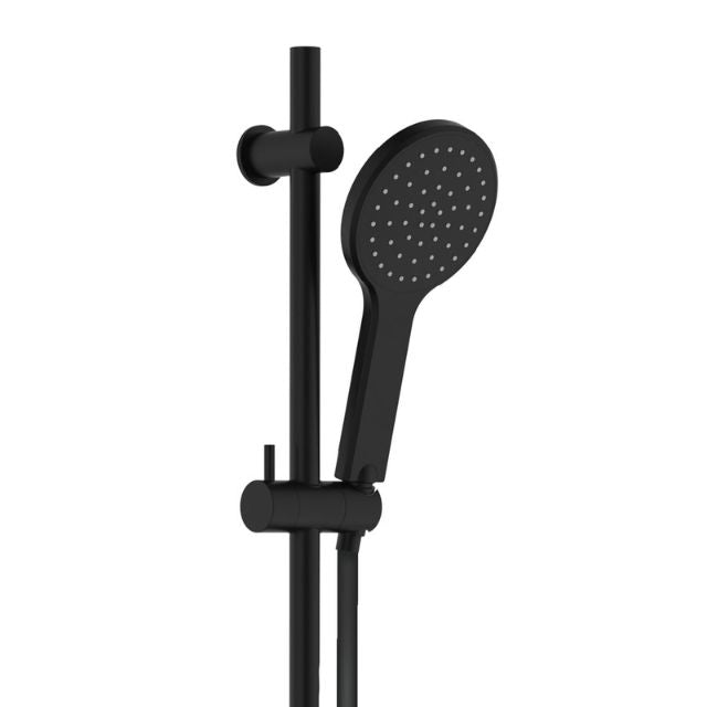 Fienza Kaya matte black rail shower with hand shower and slider on white background