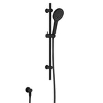 Fienza Kaya matte black rail shower with round hand shower and hose, front view on white background