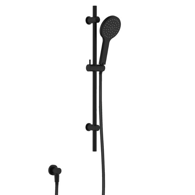 Fienza Kaya matte black rail shower with round hand shower and hose, front view on white background