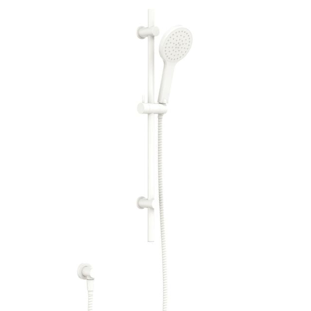 Fienza Kaya matte white rail shower with hand shower and hose on vertical rail, front view on white background