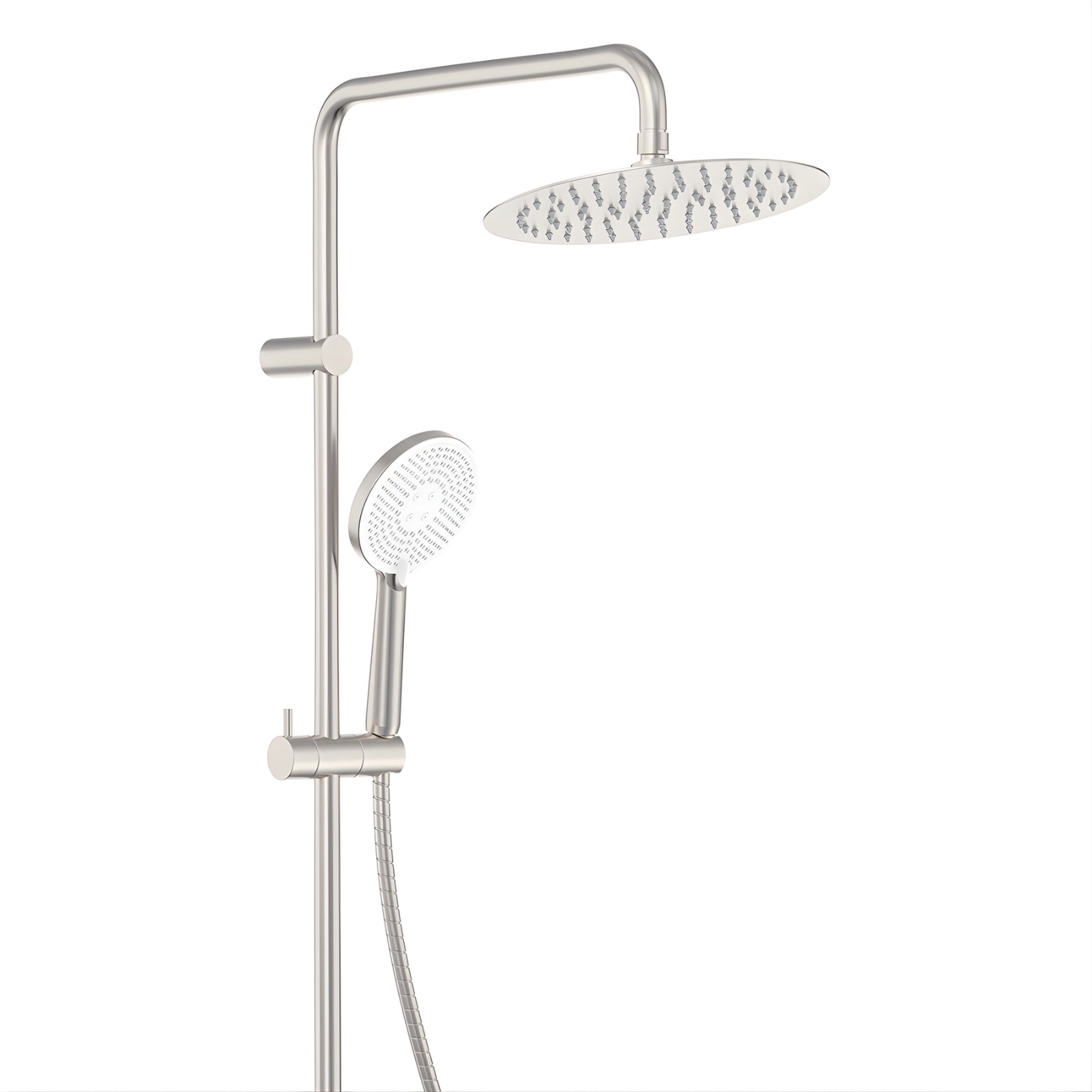 Fienza Kaya retrofit twin shower in brushed nickel with round overhead rose and handheld on rail, front view