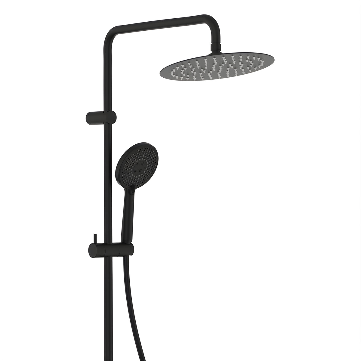 Fienza Kaya retrofit twin shower in matte black, with overhead rain shower, handheld and wall-mounted rail