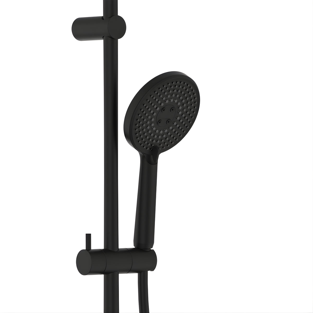 Fienza Kaya retrofit twin shower in matte black, showing the handheld rail, shower head and wall mount details
