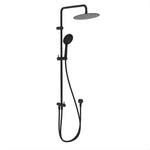 Fienza Kaya retrofit twin shower in matte black, with overhead rose, handheld shower, rail and hose on white background
