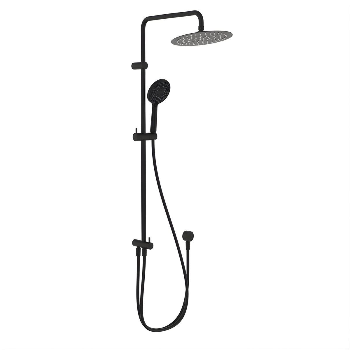 Fienza Kaya retrofit twin shower in matte black, with overhead rose, handheld shower, rail and hose on white background