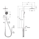 Technical drawing of Fienza Kaya Retrofit twin shower in matte black, showing overhead, handheld rail, hose and dimensions