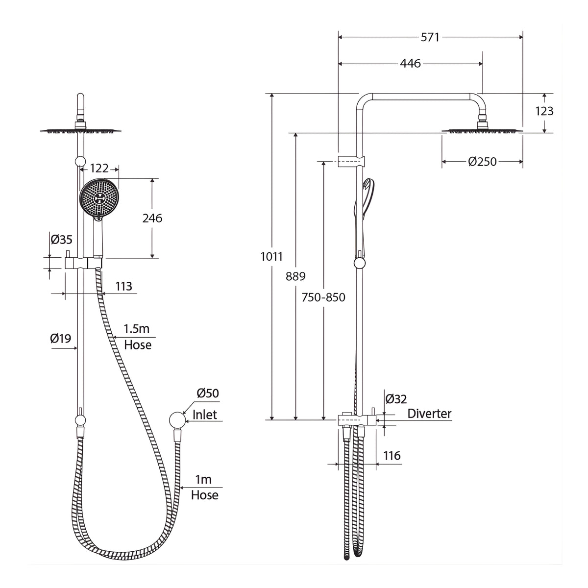 Technical drawing of Fienza Kaya Retrofit twin shower in matte black, showing overhead, handheld rail, hose and dimensions
