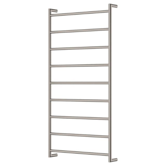 Fienza Kaya round heated towel rail, 9 bars, brushed nickel finish, front view on white background