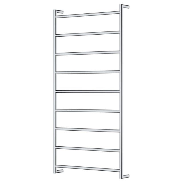 Fienza Kaya round heated towel rail in chrome, 9-bar ladder design with concealed wiring, shown on white background