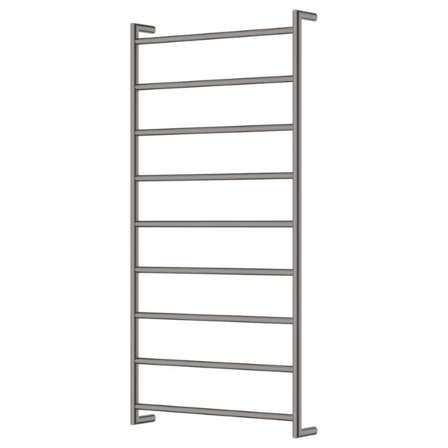 Fienza Kaya round heated towel rail, 9-bar ladder, gun metal finish, wall-mounted with concealed wiring