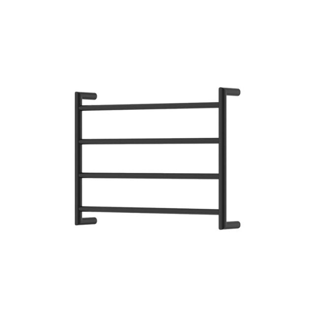 Fienza Kaya round heated towel rail, matte black, 4-bar ladder design, front view on white background