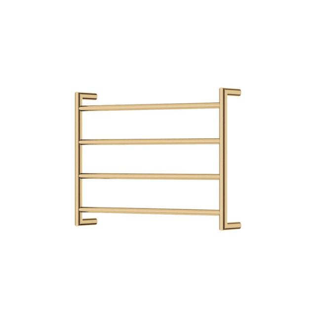Fienza Kaya round heated towel rail, 4-bar ladder, urban brass finish, wall-mounted on white background