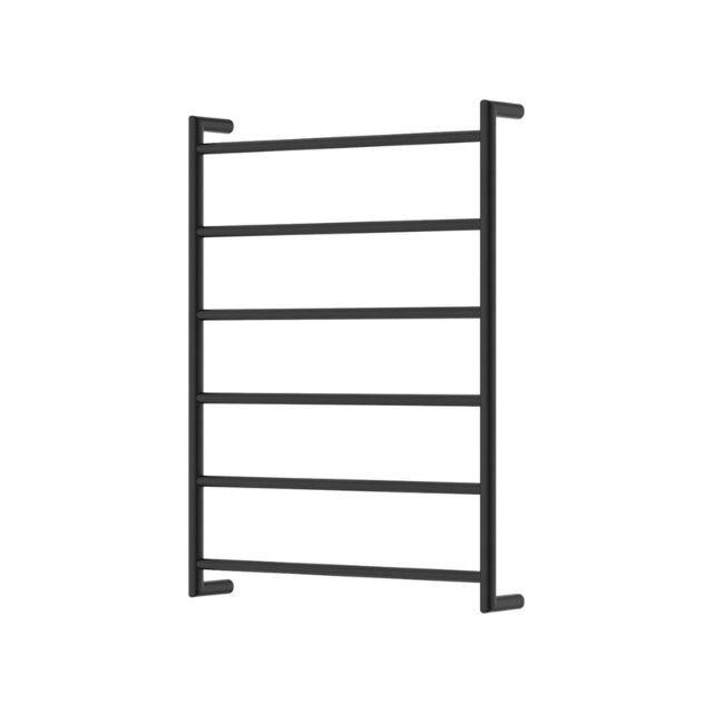 Fienza Kaya round heated towel rail in matte black, 6-bar ladder design, wall-mounted on white background