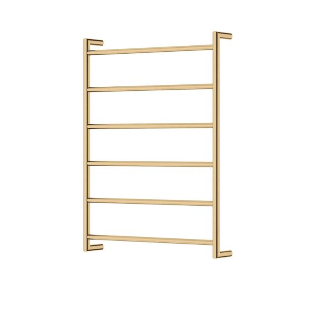 Fienza Kaya round heated towel rail, 6-bar ladder, urban brass finish, wall-mounted on white background