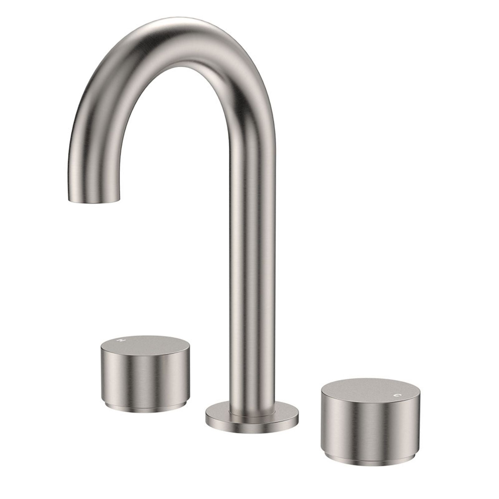 Fienza Kaya brushed nickel basin tap set with curved spout and two round hob-mounted handles on white background