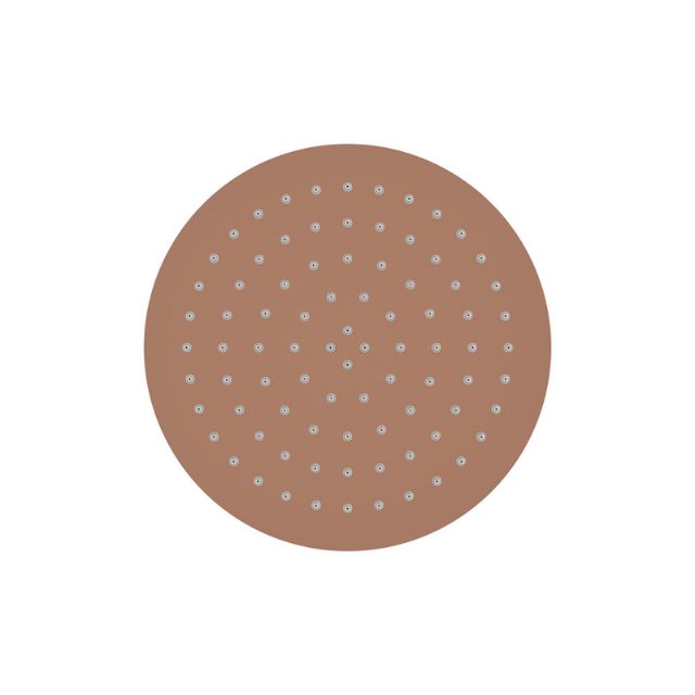 Fienza Kaya 250mm round shower head in brushed copper, front view with even spray nozzles on a white background