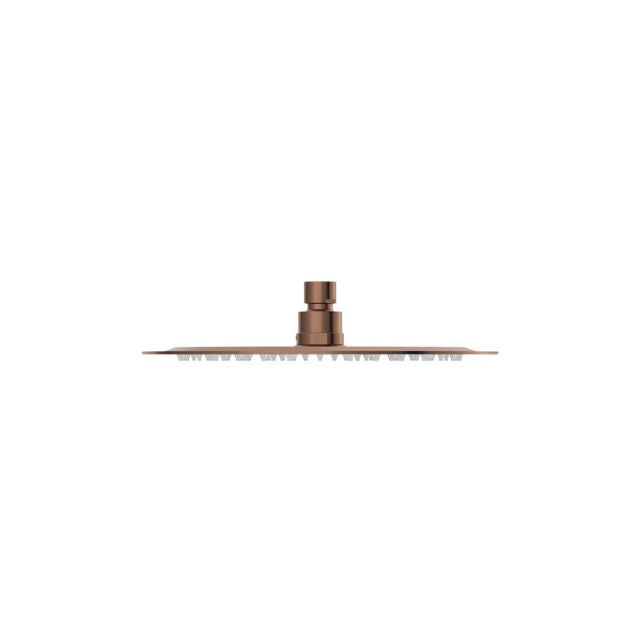Fienza Kaya round 250mm shower head in brushed copper, slim overhead rain head side view