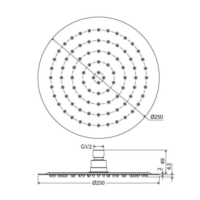 Fienza Kaya 250mm round shower head technical drawing in brushed copper, showing front and side dimensions