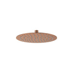 Fienza Kaya 250mm round shower head in brushed copper, front view, with slim rain spray nozzles
