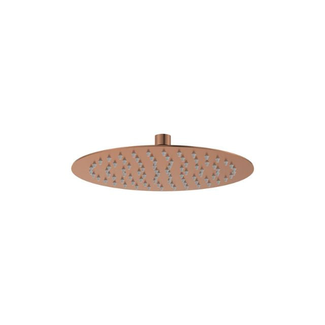 Fienza Kaya 250mm round shower head in brushed copper, front view, with slim rain spray nozzles