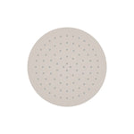 Fienza Kaya 250mm round shower head in brushed nickel, front view, with thin stainless steel face and spray nozzles