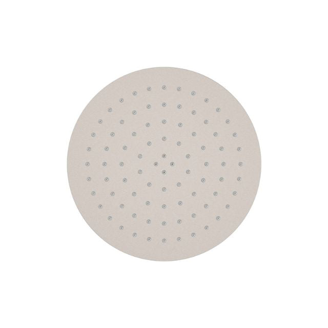 Fienza Kaya 250mm round shower head in brushed nickel, front view, with thin stainless steel face and spray nozzles