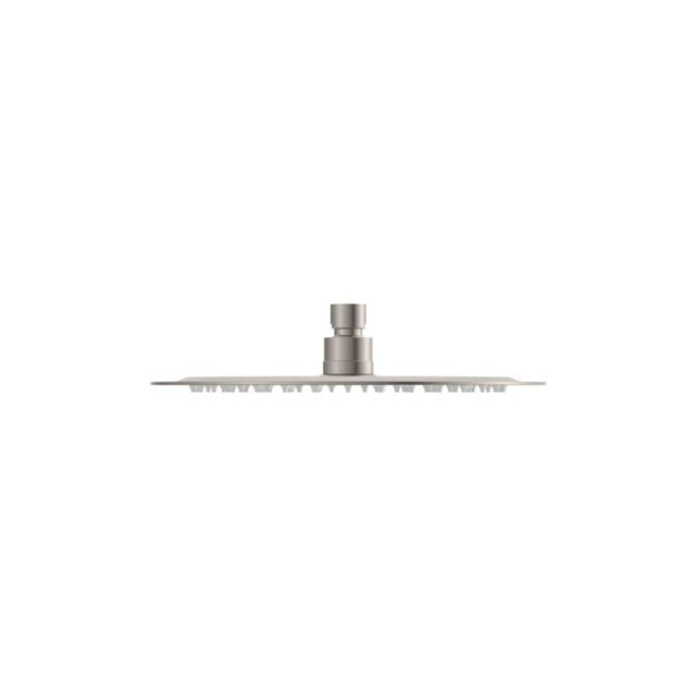 Fienza Kaya 250mm round shower head in brushed nickel, slim side view against white background
