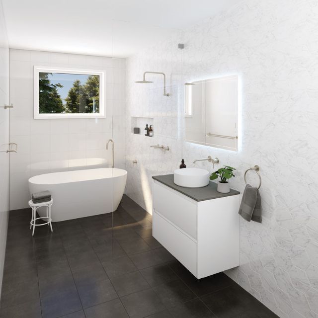 Fienza Kaya round 250mm brushed nickel shower head in a modern bathroom, wall-mounted overhead view