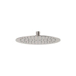 Fienza Kaya 250mm round shower head in brushed nickel, overhead view on white background