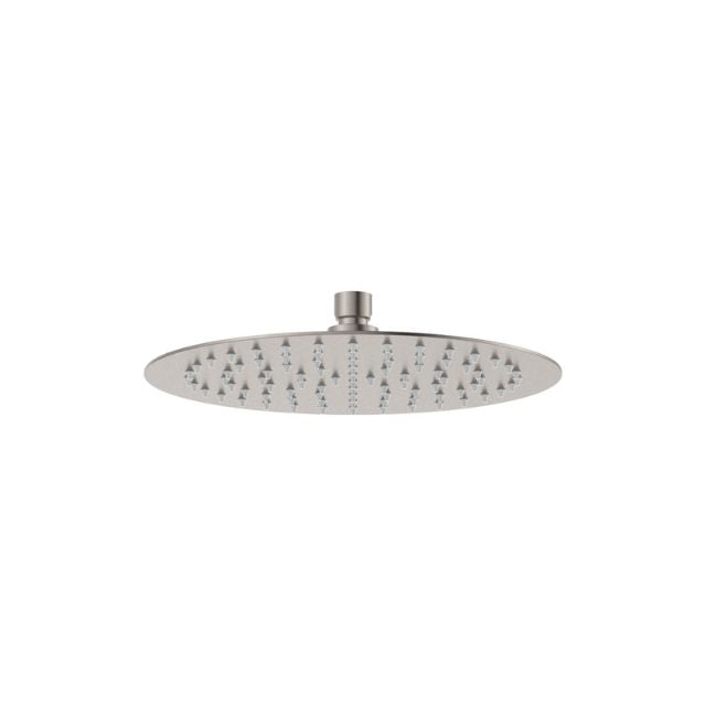 Fienza Kaya 250mm round shower head in brushed nickel, overhead view on white background