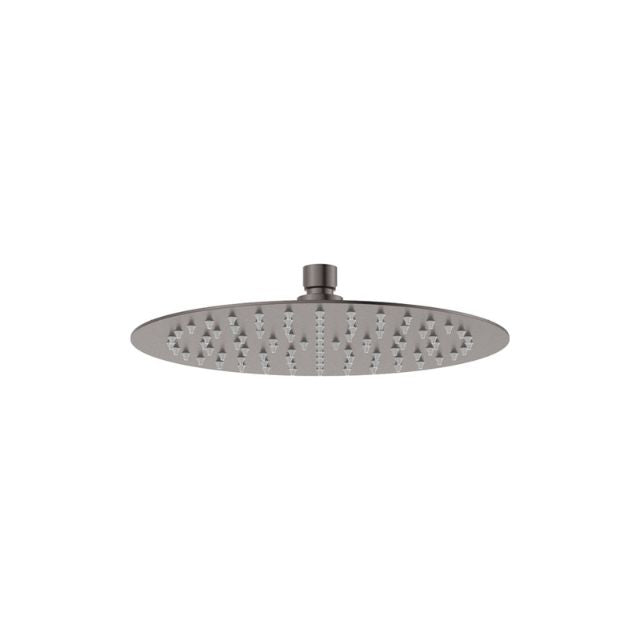 Fienza Kaya 250mm round shower head in gunmetal, overhead view, single spray stainless steel, low-profile finish