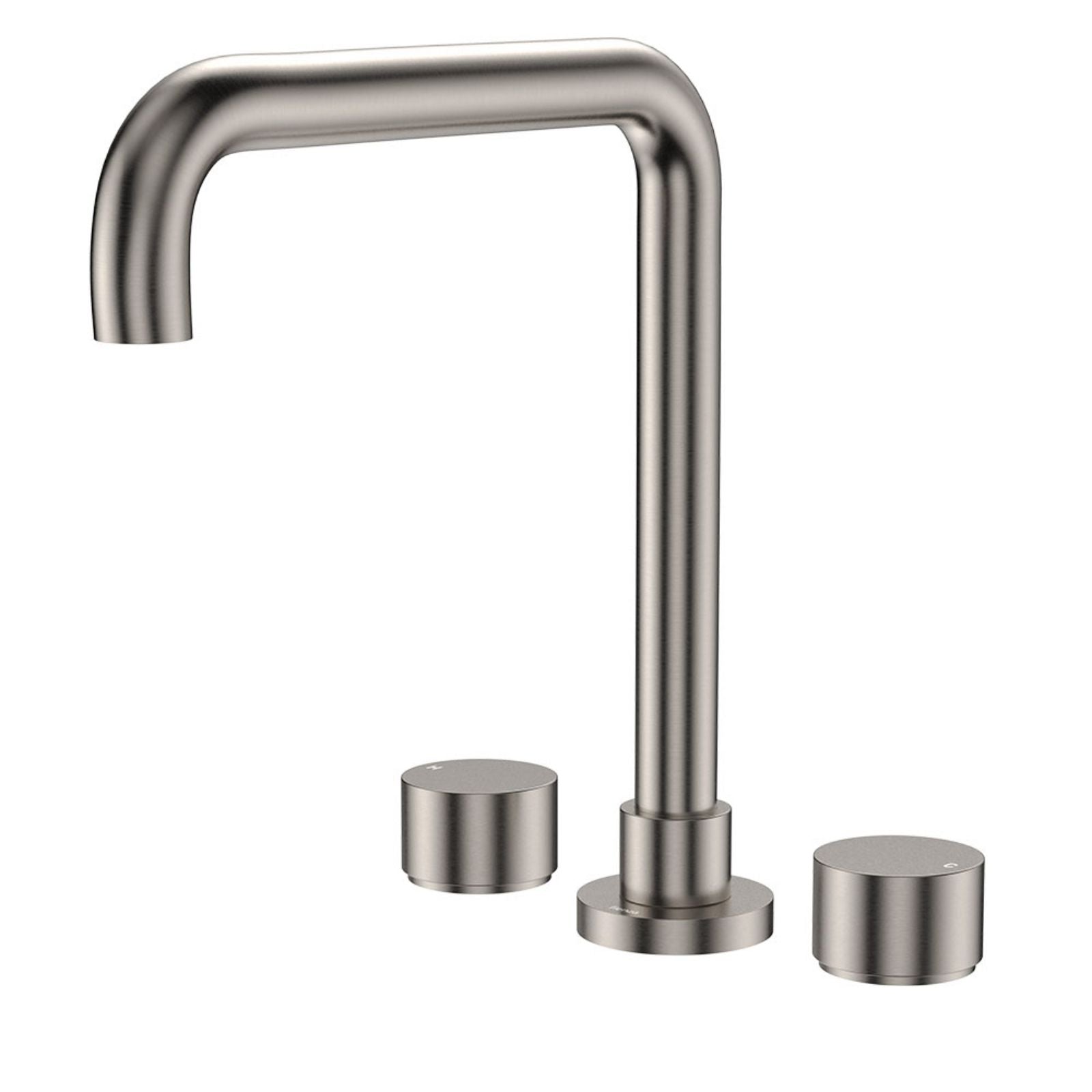 Fienza Kaya brushed nickel squareline hob outlet set with round hot and cold taps and curved spout