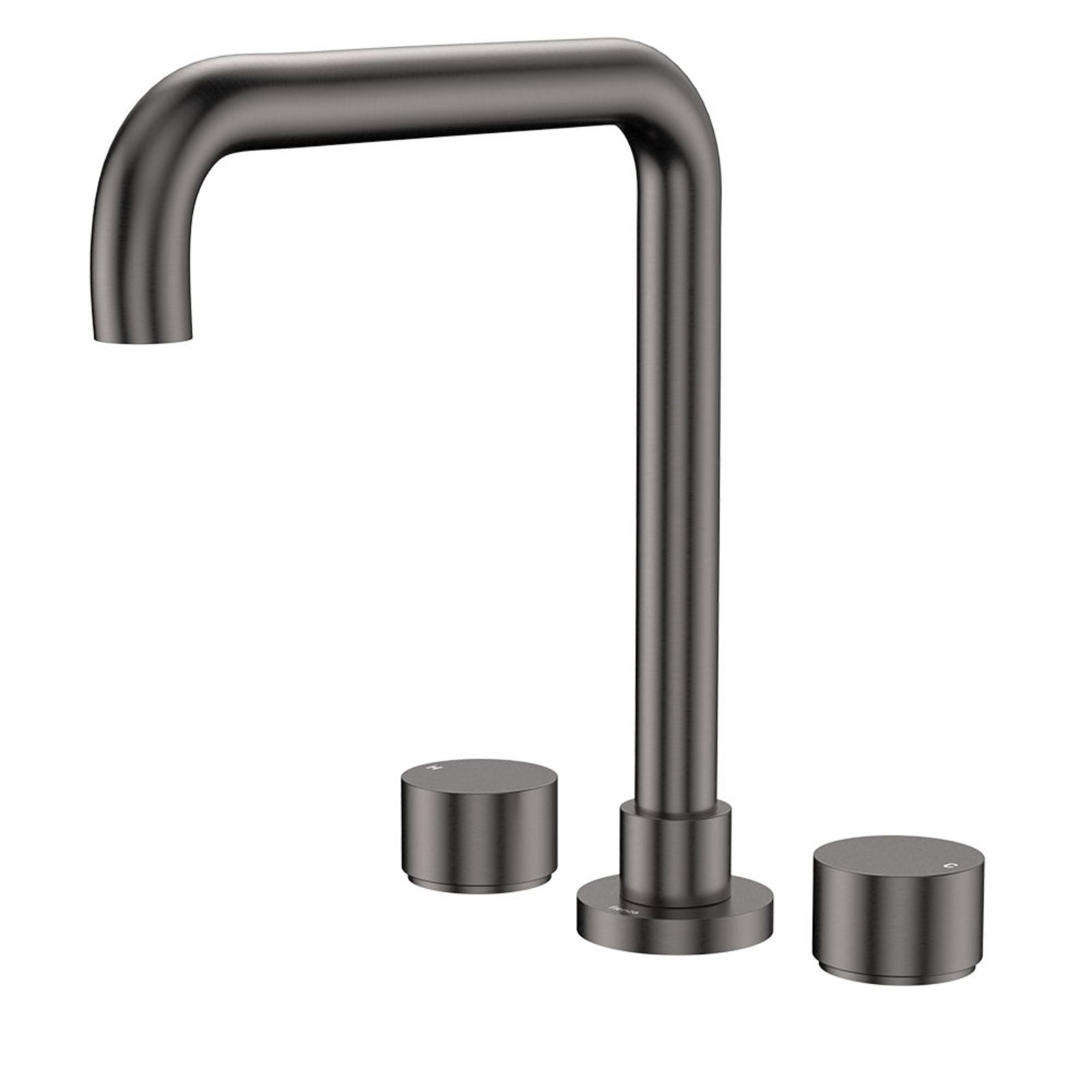 Fienza Kaya round taps and squareline hob outlet set in gun metal, three-piece basin tapware on white background